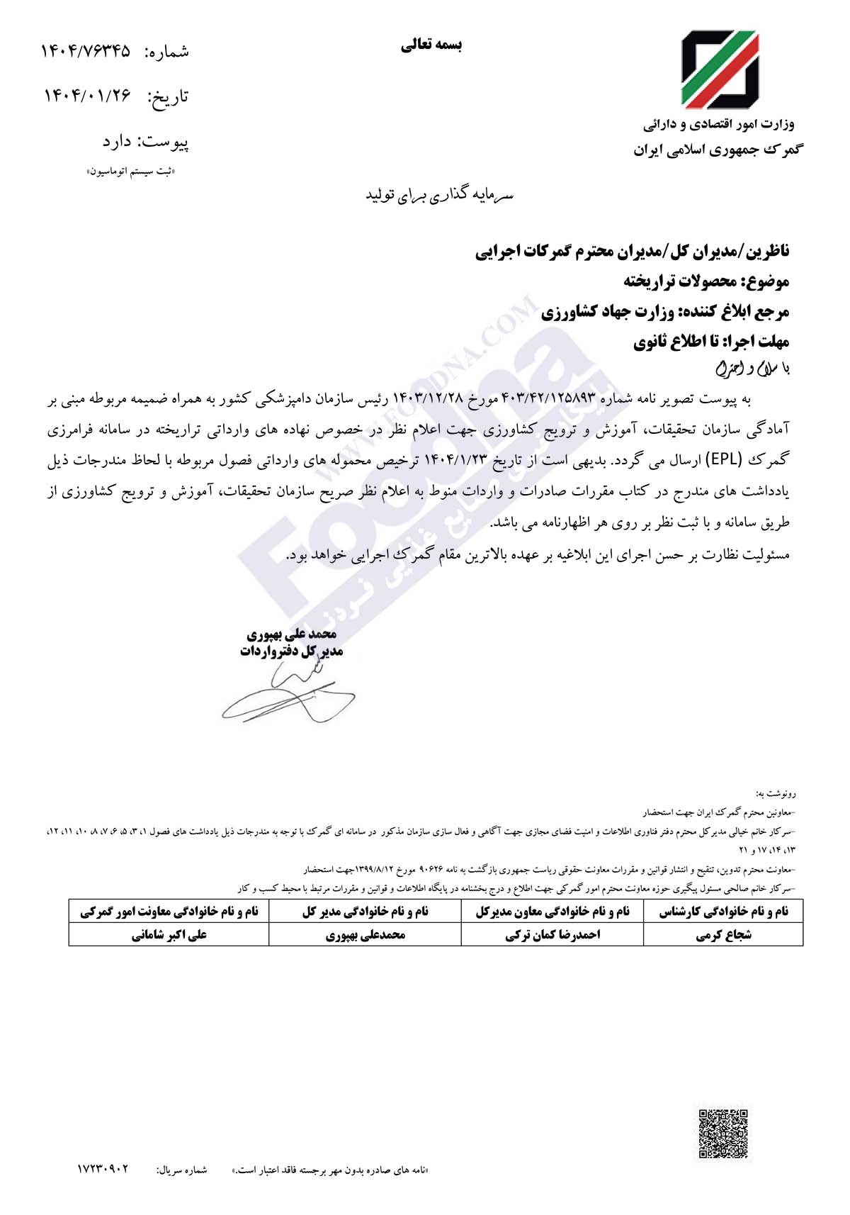 ابلاغیه ترخیص نهاده‌های وارداتی تراریخته در گمرک